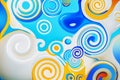 Beautiful abstract background in blue, yellow and white. Spirals and curls. Bright colorful screensaver.