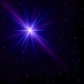Beautiful abstract background. The night sky with many small stars and one big star flash with glowing blue and purple rays. Vecto Royalty Free Stock Photo
