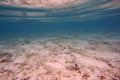 Beautiful abstract background / texture of underwater view of white sand bottom and blue water. Snorkling, Royalty Free Stock Photo