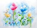 Beautiful abstract bright watercolor floral painting with bluish background and copyspace. Indian hand painted watercolor art