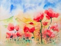 Beautiful abstract bright watercolor floral painting with mountain background and copyspace. Indian hand painted watercolor art Royalty Free Stock Photo