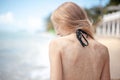 Beautiful abstract closeup, sand on the skin, tropical girl. Holiday, vacation. Healthy lifestyle.