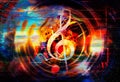 Beautiful abstract colorful collage with music notes and the violin clef in space. Royalty Free Stock Photo