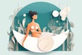 Beautiful abstract composition of a young woman in a spa. Color minimalistic background in beautiful paper cut style design.