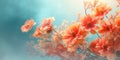 Beautiful abstract coral, turquoise, and yellow misty morning photo floral design background banner. Generative AI AIG32