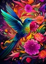 Beautiful colorful Hummingbird on flowers illustration. Royalty Free Stock Photo