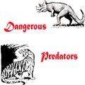 Beautiful abstract illustration of dangerous predators who love meat such as tiger and dinosaur tyrannosaurus