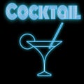 Beautiful abstract neon bright blue glowing icon of martini glass, margarita cocktail with straw and lemon for a bar signboard Royalty Free Stock Photo