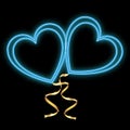 Beautiful abstract neon bright blue glowing love hearts and golden ribbons for Valentine`s Day and copy space on black background Royalty Free Stock Photo