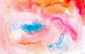 Beautiful abstract smudges of orange, red, blue and pink colors in hand painted watercolor background Royalty Free Stock Photo