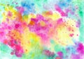 Beautiful abstract smudges of yellow pink, red blue and green colors in hand painted watercolor background Royalty Free Stock Photo