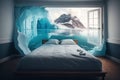 Beautiful abstract surreal bedroom and antarctic landscape collage concept. Generative AI