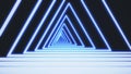 Beautiful abstract triangle tunnel composed of bright blue neon light lines. Black background futuristic neon tunnel Royalty Free Stock Photo