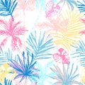 Beautiful abstract tropics seamless pattern. Bright grunge palm trees, tropical leaves on white background Royalty Free Stock Photo