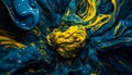 Beautiful abstraction of liquid yellow and blue paints in slow blending flow. AI generated