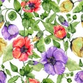 Beautiful abutilon flowers on climbing twigs on white background. Seamless floral pattern. Watercolor painting. Royalty Free Stock Photo