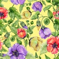 Beautiful abutilon flowers on climbing twigs on yellow background. Seamless floral pattern. Watercolor painting.