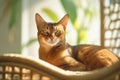 Beautiful Abyssinian cat resting in wicker chair on sunny day.