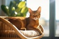 Beautiful Abyssinian cat resting in wicker chair on sunny day.