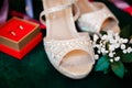 Beautiful accessories of the bride..Sandals, wedding rings, flowers on an emerald chair Royalty Free Stock Photo