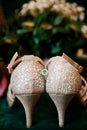 Beautiful accessories of the bride..Sandals, wedding rings, flowers on an emerald chair Royalty Free Stock Photo