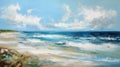 A beautiful acrylic painting of an ocean beach scene, with the emerald coast city in the background. The wind is blowing and the