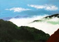 Original painting of a landscape with cloud covered mountain, a child art