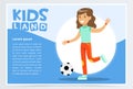 Beautiful active girl playing soccer, kids land banner flat vector element for website or mobile app
