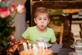 Beautiful adorable six year old boy in green shirt, celebrating his birthday, blowing candles on homemade baked cake, indoor Royalty Free Stock Photo