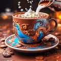 Beautiful adorned cup of coffee with milk and chocolate on the table