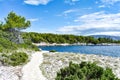 Beautiful Adriatic sea in Croatia. Blue lagoon  green pines  stony coast. Footpath along the sea Royalty Free Stock Photo