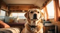 A beautiful adult golden retriever sits in a campervan, a happy dog travels in the summer with its owners. Advertising Royalty Free Stock Photo