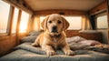 A beautiful puppy of golden retriever sits in a campervan with sunset and the sea on the background, a happy dog travels Royalty Free Stock Photo