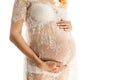 Beautiful adult pregnant woman. Waiting for the baby. Pregnancy. Care, tenderness, motherhood, childbirth. White Royalty Free Stock Photo