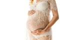 Beautiful adult pregnant woman. Waiting for the baby. Pregnancy. Care, tenderness, motherhood, childbirth. White Royalty Free Stock Photo