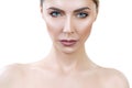 Beautiful adult woman with perfect skin lookin frowning. Royalty Free Stock Photo