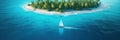 Aerial drone shot of a white sailing yacht anchored in crystal clear turquoise water near of island. AI generative illustration
