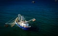 Aerial, drone view of a shrimp boat on the Sea of Cortez