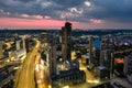 Beautiful aerial evening view of Vilnius business district with scenic sunset illumination