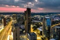 Beautiful aerial evening view of Vilnius business district with scenic sunset illumination