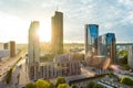 Beautiful aerial evening view of Vilnius business district with scenic sunset illumination