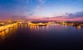 Beautiful aerial evning view in the white nights of St. Petersburg, Russia, The Vasilievskiy Island at sunset, Rostral Columns, Royalty Free Stock Photo