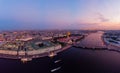 Beautiful aerial evning view in the white summer nights of St Petersburg, Russia, Hermitage at sunset, palace square, St