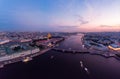 Beautiful aerial evning view in the white summer nights of St Petersburg, Russia, Hermitage at sunset, palace square, St