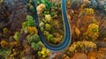 Beautiful aerial landscape of mountain forest road. Aerial view of curvy road in beautiful autumn forest. Top view of roadway with