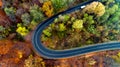 Beautiful aerial landscape of mountain forest road. Aerial view of curvy road in beautiful autumn forest. Top view of roadway with