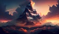 Beautiful aerial landscape of mountain peak at sunset above the clouds - panoramic