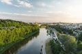 Beautiful aerial landscape of Neris river winding through Vilnius city