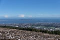 Beautiful aerial-like distant view of Dun Laoghaire harbor, Howth and and ship in the Irish Sea seen from Two Rock Mountain Royalty Free Stock Photo