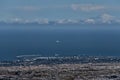 Beautiful aerial-like distant view of Dun Laoghaire harbor and ship in the Irish Sea seen from Two Rock Mountain Fairy Castle Royalty Free Stock Photo